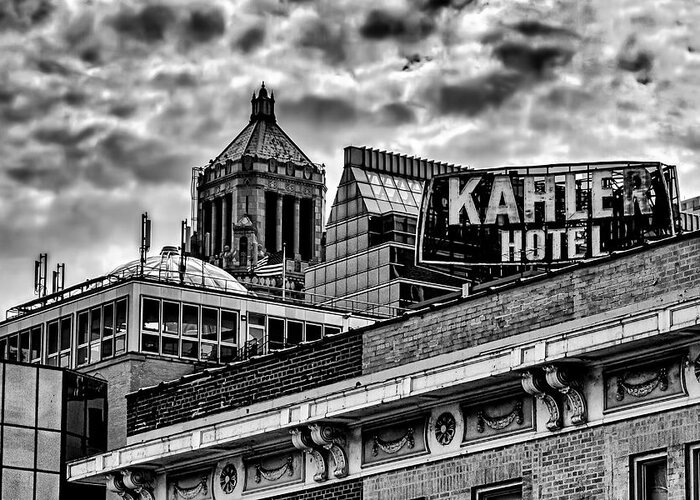 Clouds Storm Black And White Noir City Cityscape Skyline Rochester Minnesota Kahler Hotel Greeting Card featuring the photograph The Gathering Storm by Tom Gort