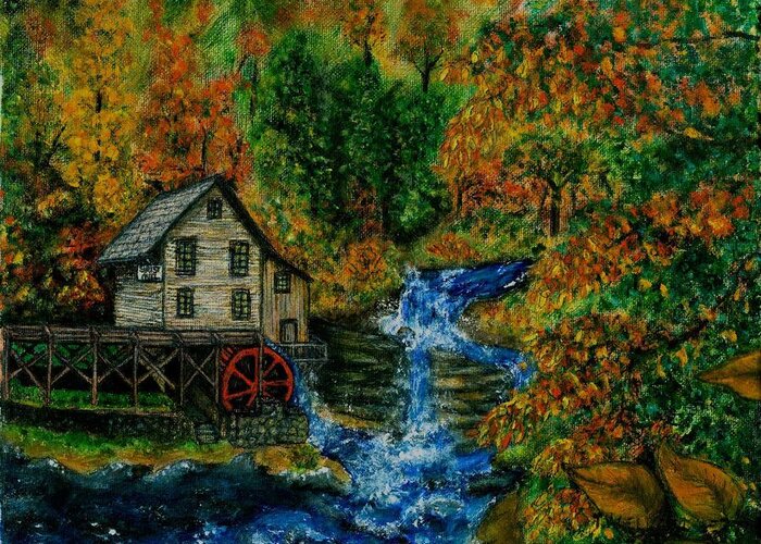 Mill Greeting Card featuring the painting The Grist Mill in Autumn by Tanna Lee M Wells