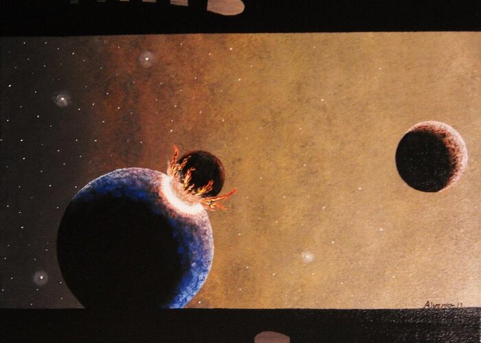Space Greeting Card featuring the painting The Hell Above by Edwin Alverio
