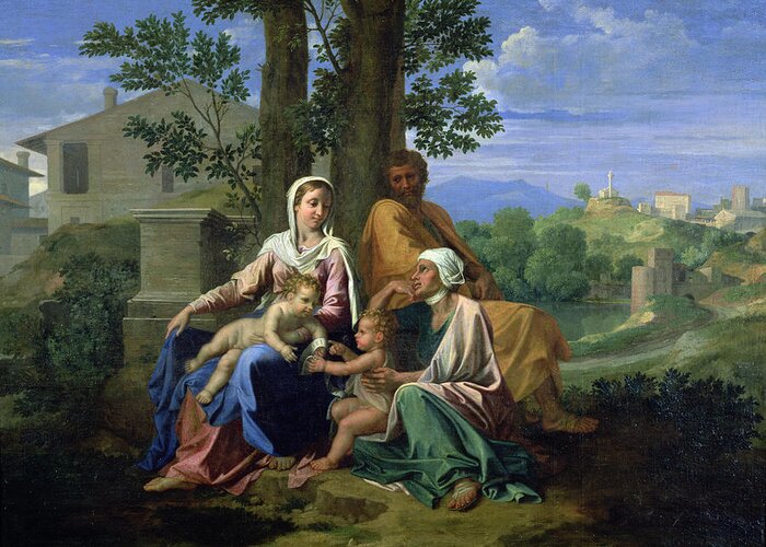 Landscape; Seated Greeting Card featuring the painting The Holy Family with SS John Elizabeth and the Infant John the Baptist by Nicolas Poussin