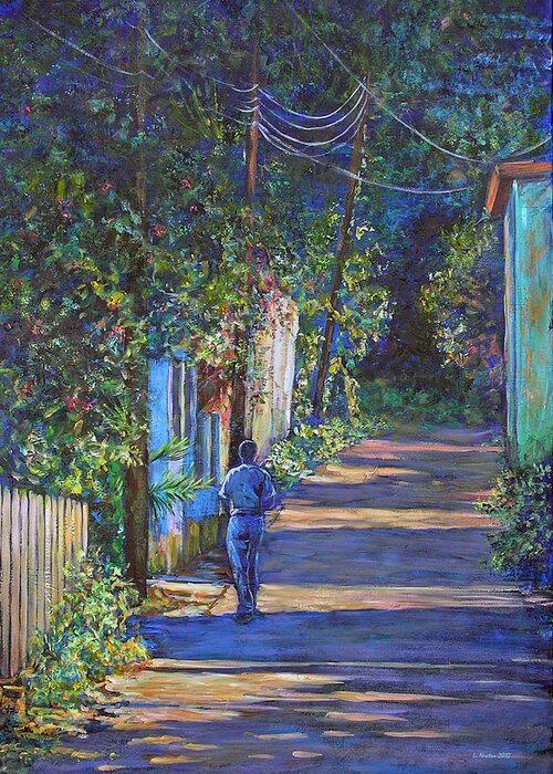 Acrylic Greeting Card featuring the painting The Lonely Road by Li Newton