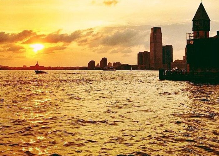 New York City Greeting Card featuring the photograph The Sun Left A Trail Of Kisses - Battery Park City Sunset - New York City by Vivienne Gucwa