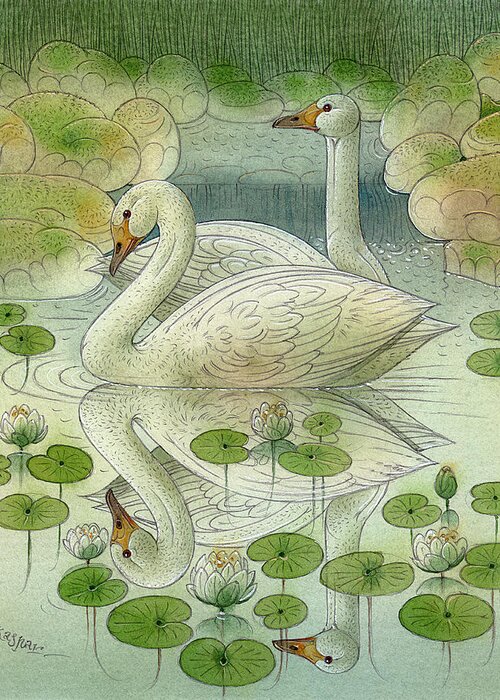 Swan Birds Lake Water Green White Water Lilies Greeting Card featuring the painting the Swans by Kestutis Kasparavicius