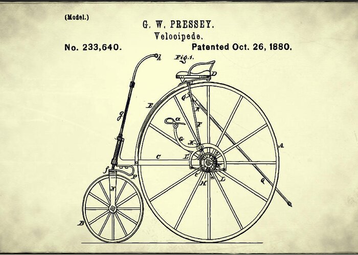 The Velocipede Patent 1880 Greeting Card featuring the digital art The Velocipede Patent 1880 by Bill Cannon