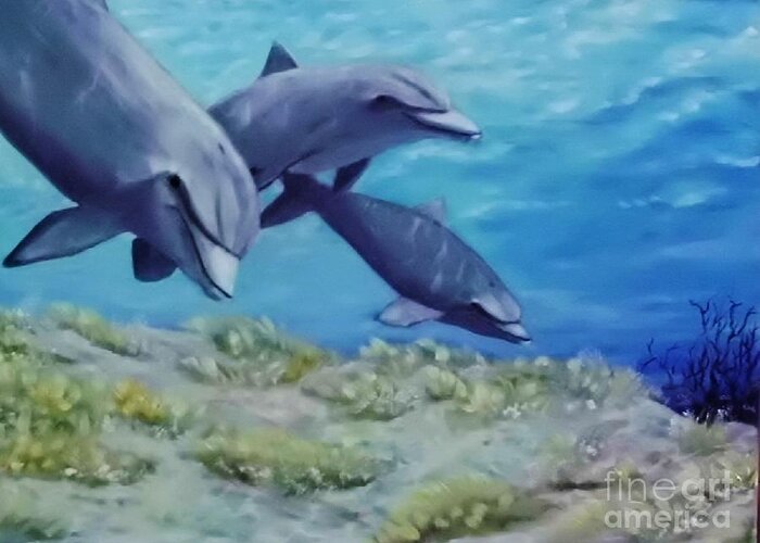 Dolphins Greeting Card featuring the painting Three Amigos by Peggy Miller