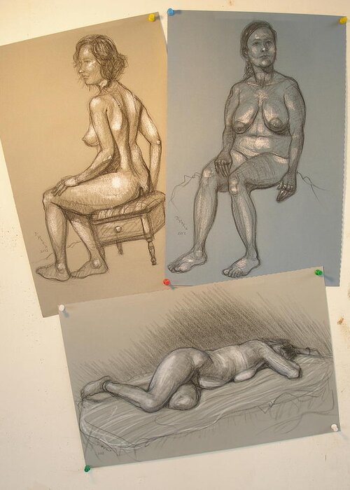 Realism Greeting Card featuring the drawing Three Nude Drawings by Donelli DiMaria