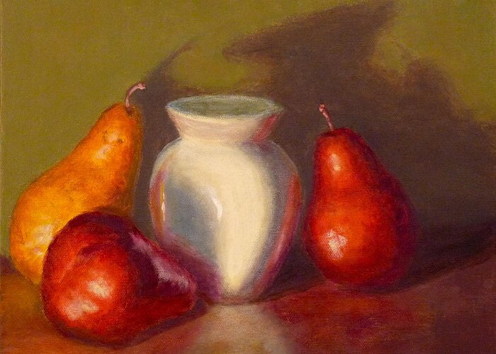 Still Life Greeting Card featuring the painting Three Pears by Joe Bergholm