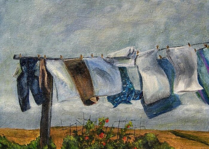 Laundry Greeting Card featuring the painting Time to Take in the Laundry by Terry Taylor