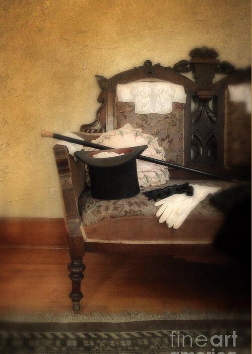 Hat Greeting Card featuring the photograph Top Hat and Cane on Sofa by Jill Battaglia