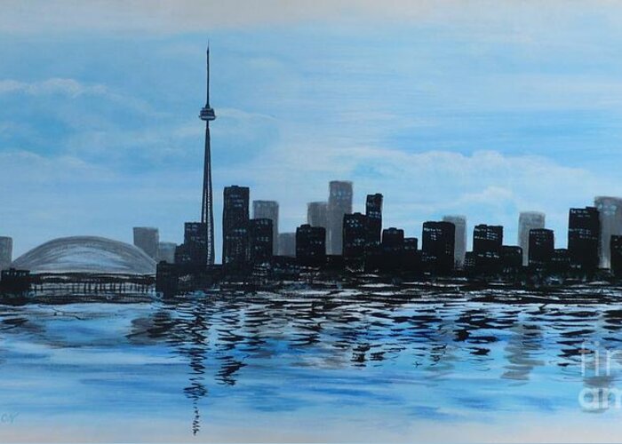 Toronto Greeting Card featuring the painting Toronto CN Tower by Monika Shepherdson