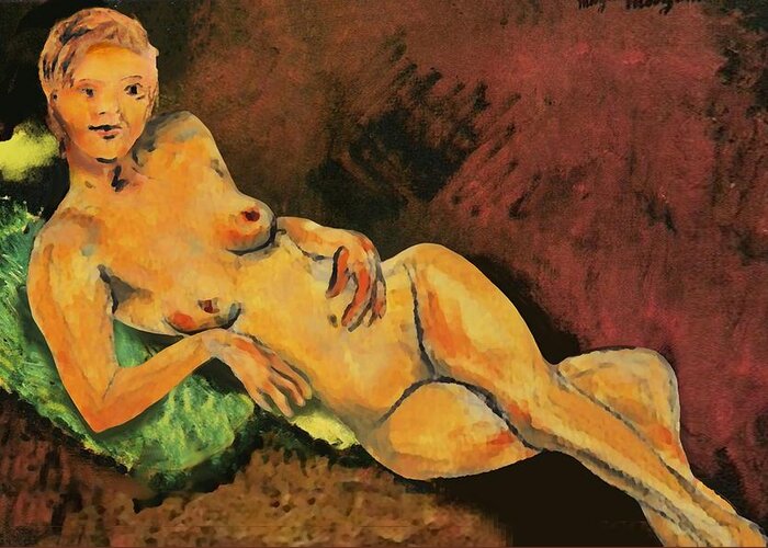 Original Greeting Card featuring the painting Traditional Modern Female Nude Reclining by G Linsenmayer