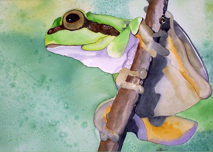 Frog Greeting Card featuring the painting Tree frog by Richard Willows