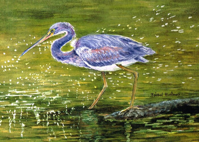 Heron Greeting Card featuring the painting Tri Colored Heron by Barbel Amos