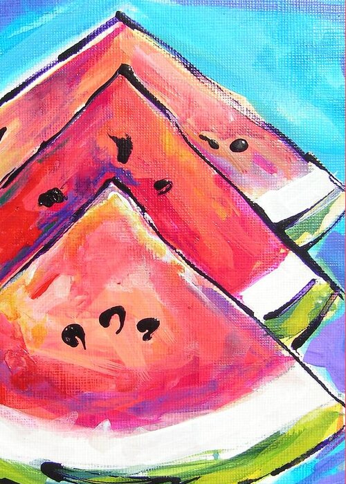 Sliced Watermelon Greeting Card featuring the painting Triangulations by Judy Rogan