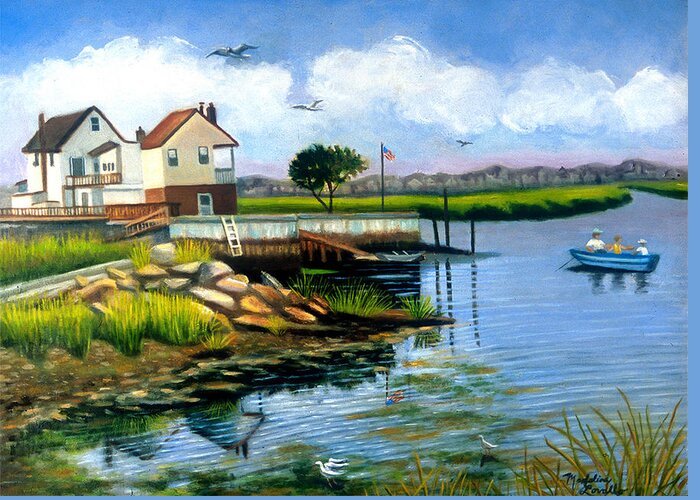Houses Greeting Card featuring the painting Two Houses In Broad Channel by Madeline Lovallo