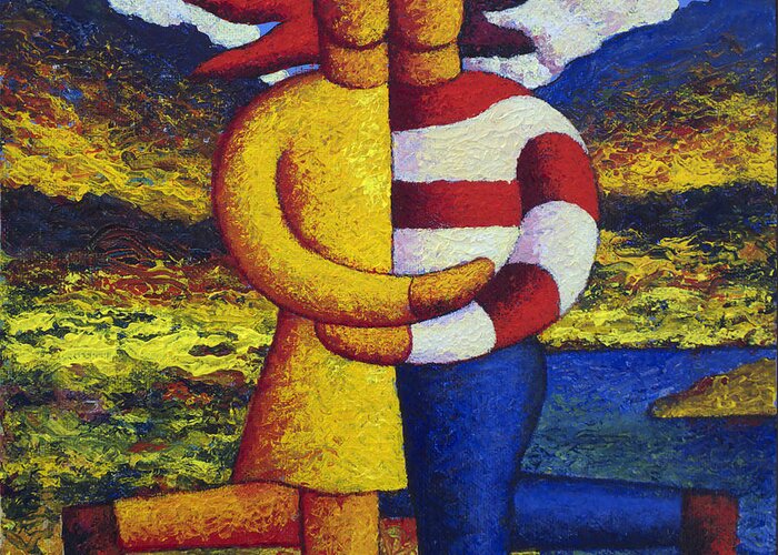 Lovers Greeting Card featuring the painting Two lovers in a landscape by a lake by Alan Kenny