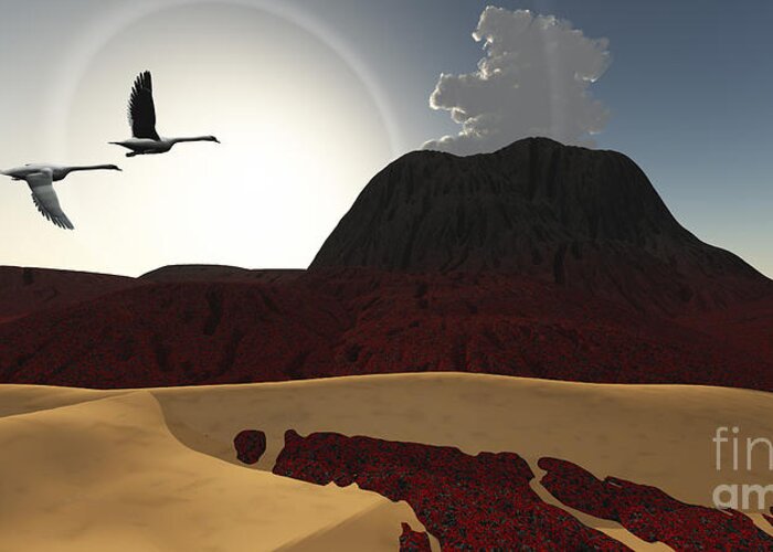 Volcanic Greeting Card featuring the digital art Two Swans Fly Over Cooling Lava Flows by Corey Ford