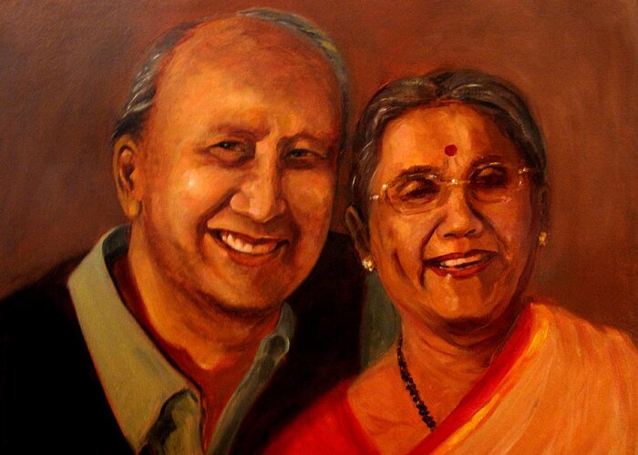 Portrait Of Uncle And Aunt Who Celebrated Their 55th Wedding Anniversary On 3rd Feb.2012 Greeting Card featuring the painting Uncle and Aunt by Asha Sudhaker Shenoy