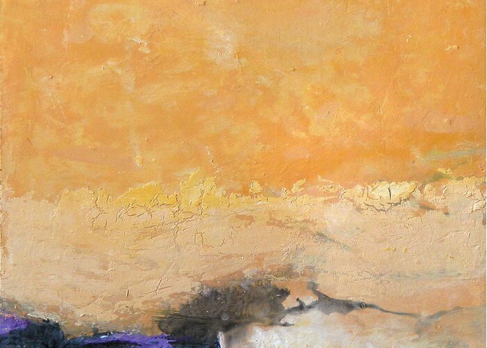Abstract Greeting Card featuring the painting Untitled Abstract - amber peach with violet by Kathleen Grace