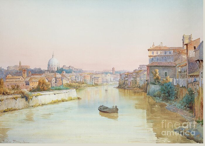 River; Tiber; Cityscape Greeting Card featuring the painting View of the Tevere from the Ponte Sisto by Ettore Roesler Franz
