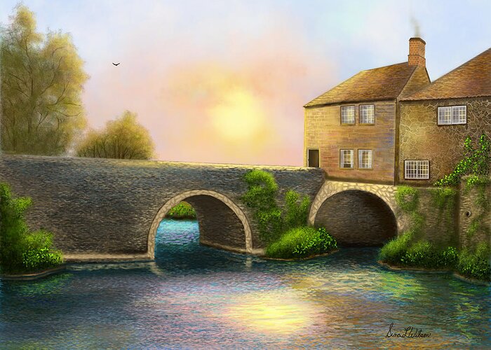 Village Greeting Card featuring the painting Village on the River by Sena Wilson