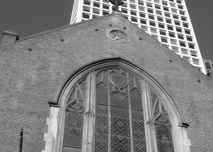 St Marks Lutheran Church Greeting Card featuring the photograph Vintage and Modern - San Francisco BW 2009 by Connie Fox