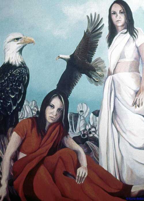 Two Female Figures Greeting Card featuring the painting Walks with Eagles by Kyra Belan