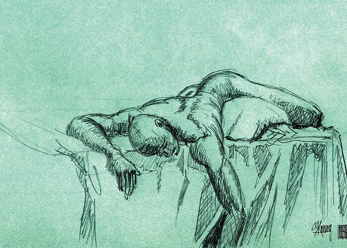 Nude Man Laying On Bed Greeting Card featuring the drawing Wasted by Stan Kwong