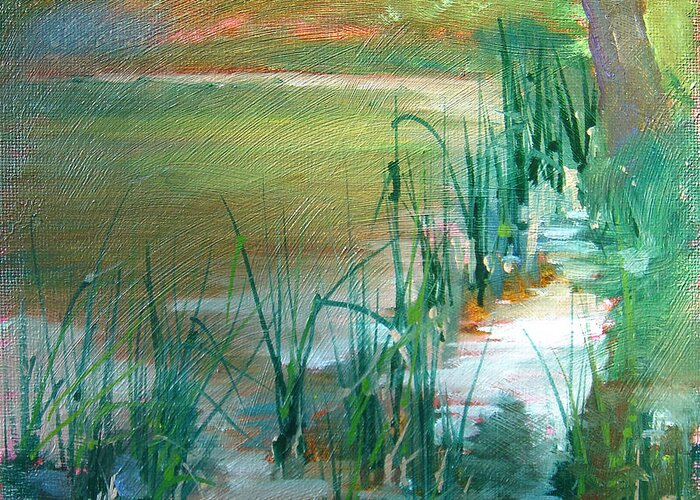Water Greeting Card featuring the painting Water and Reeds by Judy Fischer Walton