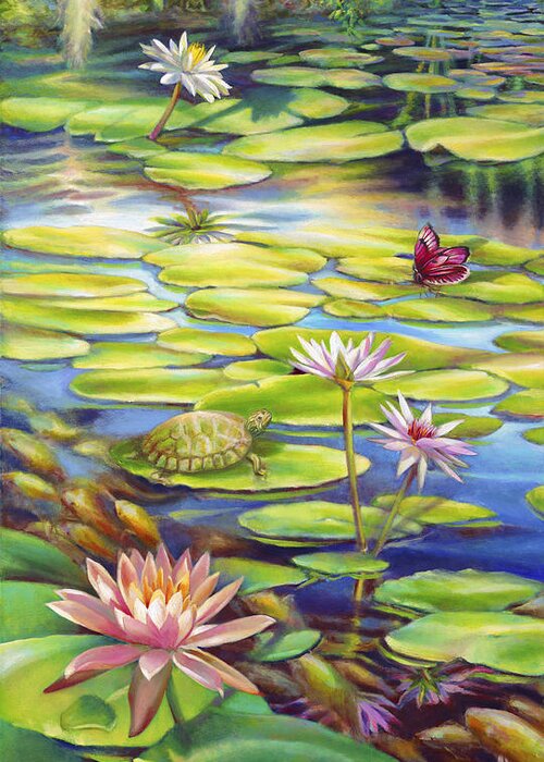 Water Lily Greeting Card featuring the painting Water Lilies at McKee Gardens I - Turtle Butterfly and Koi Fish by Nancy Tilles