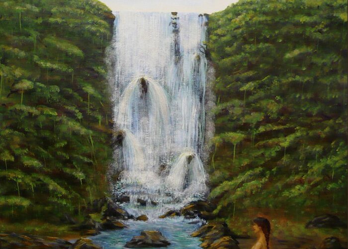 Waterfall Greeting Card featuring the painting Waterfall in Coorg India by Monika Shepherdson