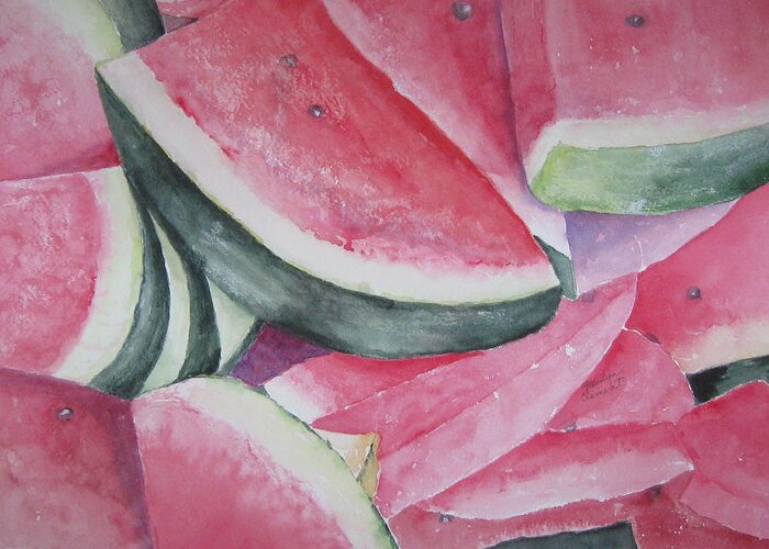 Fruit Greeting Card featuring the painting Watermelon Feast by Marilyn Clement