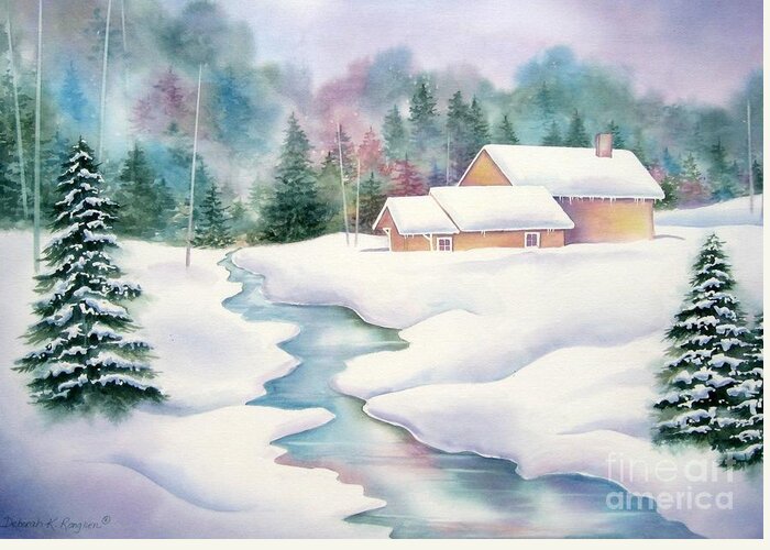 Winter Greeting Card featuring the painting Whispering Pines by Deborah Ronglien