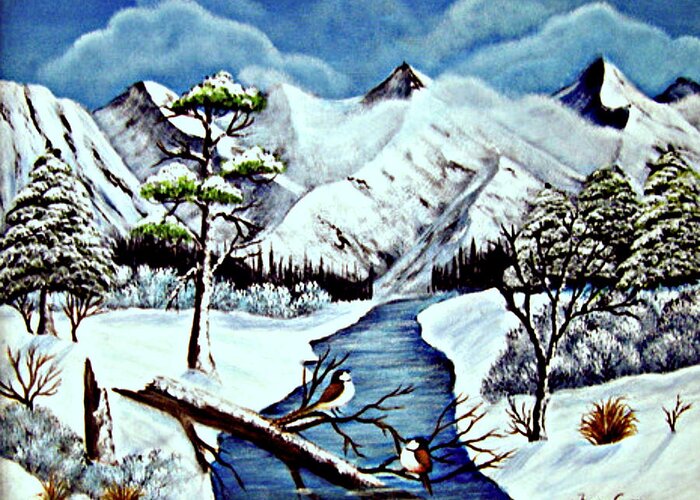 Landscape--snow--mountains Greeting Card featuring the painting Winter serenity by Fram Cama