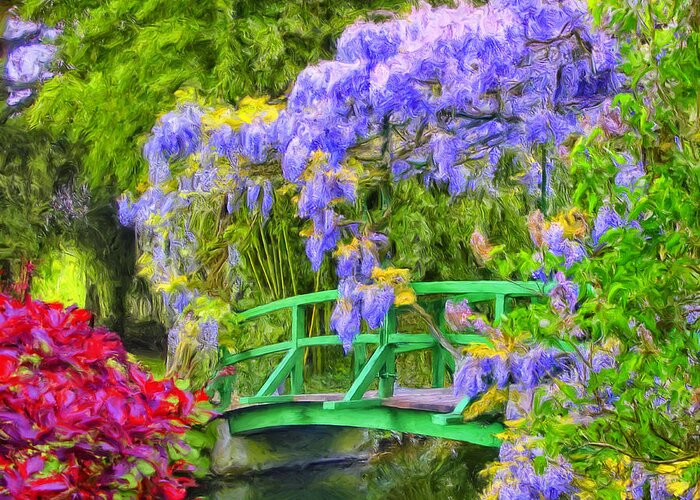 Wisteria Greeting Card featuring the painting Wisteria and Japanese Bridge by Dominic Piperata