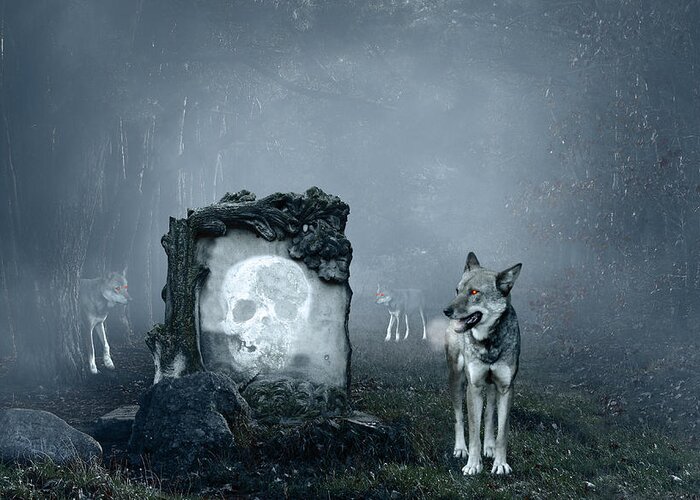 Autumn Greeting Card featuring the photograph Wolves guarding an old grave by Jaroslaw Grudzinski