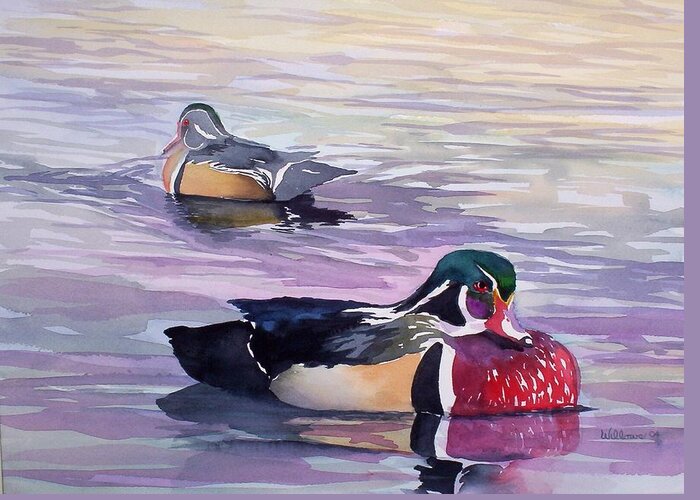 Ducks Greeting Card featuring the painting Wood ducks by Richard Willows