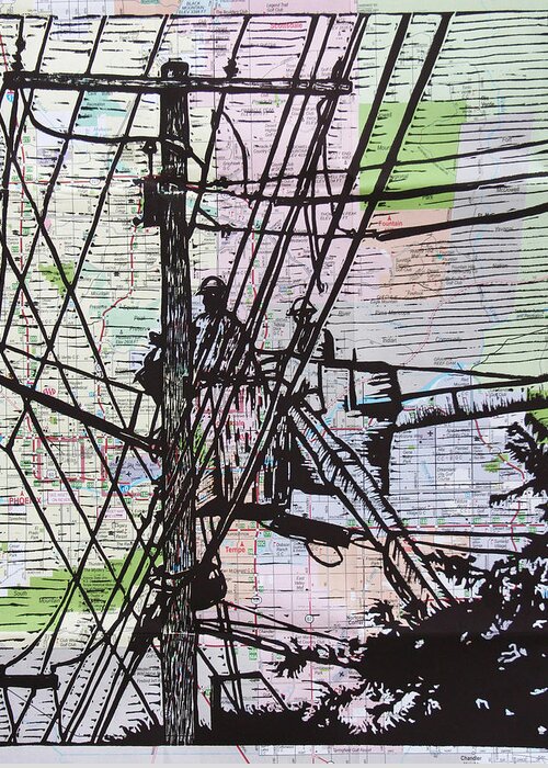 Powerlines Greeting Card featuring the drawing Working on Lines by William Cauthern