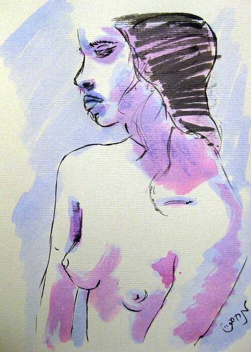 Young Painting Greeting Card featuring the painting Young Nude Female Girl Sitting in Contemplation Introspective or Watercolor on textured paper by M Zimmerman