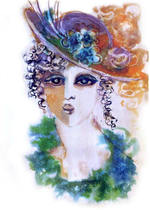 Young Greeting Card featuring the painting Young woman face with curls in blue green dress purple hat with flower by Rachel Hershkovitz