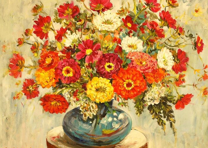 Ingrid Dohm Greeting Card featuring the painting Zinnias by Ingrid Dohm