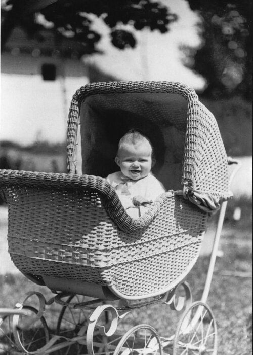 Happy Baby In Wicker Buggy 1925 Black White Greeting Card by Mark Goebel