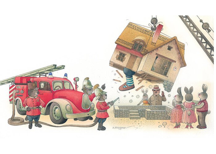 Fireman Rabbit Event Accident Red Greeting Card featuring the painting Rabbit Marcus the Great 15 by Kestutis Kasparavicius