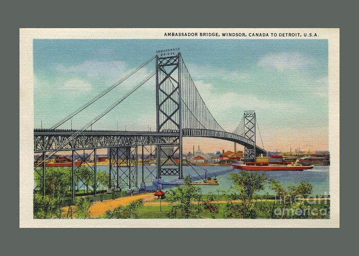 Windsor Greeting Card featuring the digital art Retro vintage Ambassador Bridge Windsor Canada to Detroit USA by Heidi De Leeuw