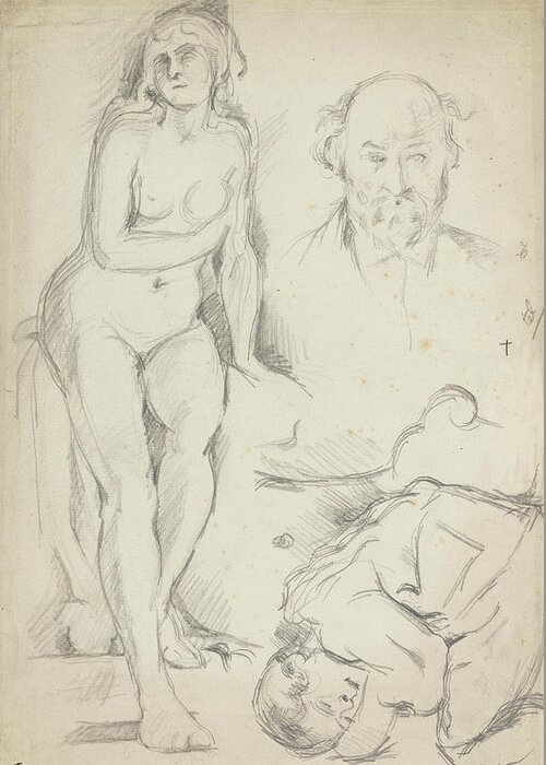 Paul Cezanne Greeting Card featuring the drawing Studies of Three Figures Including a Self-portrait by Paul Cezanne