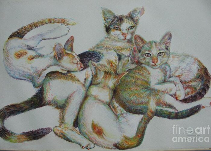 Cats Greeting Card featuring the painting The Family by Sukalya Chearanantana
