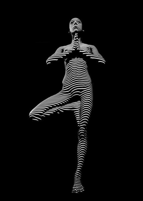 Yoga Greeting Card featuring the photograph 0027-DJA Yoga Balance Black White Zebra Stripe Photograph by Chris Maher by Chris Maher