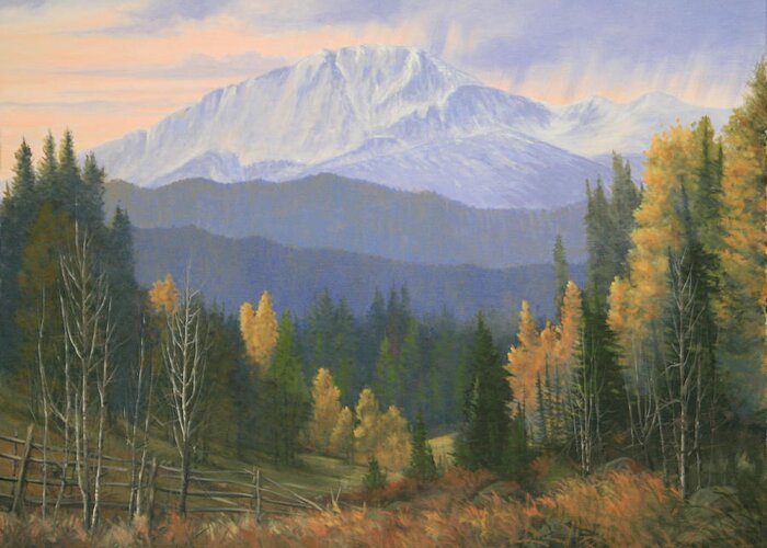 Pikes Peak Greeting Card featuring the painting 091118-2024 Ring The Peak Trail - Pikes Peak by Kenneth Shanika
