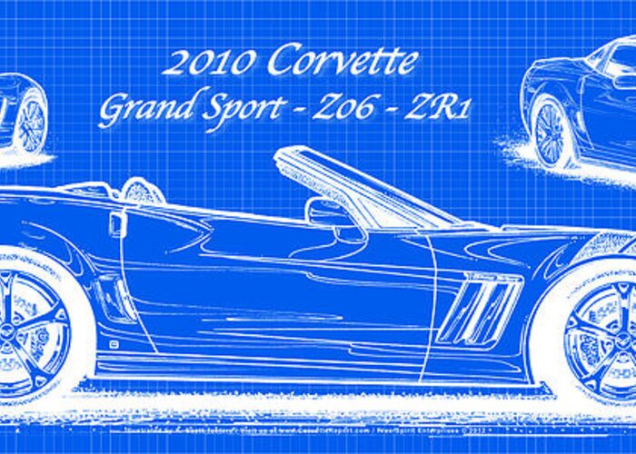 2010 Corvette Greeting Card featuring the drawing 2010 Corvette Grand Sport - Z06 - ZR1 Reverse Blueprint #1 by K Scott Teeters