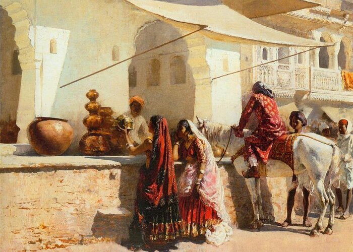 A Street Market Scene Greeting Card featuring the painting A Street Market Scene #1 by Edwin Lord Weeks